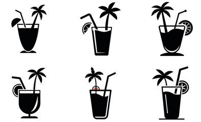 Black and white silhouettes of tropical drinks with palm trees