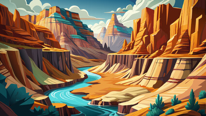 Rocky canyon with a crystal-clear turquoise river, rugged textures, and warm earthy tones, Highly detailed vector illustration