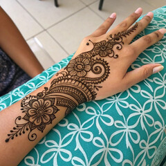 Obraz premium Intricate Henna Design: A close-up view showcases a stunning hand adorned with a delicate henna tattoo, displaying artistic floral patterns and intricate details, representing cultural heritage.