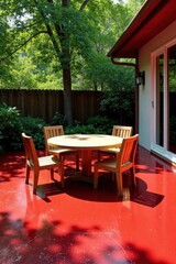 Fototapeta premium Serene Patio Scene Sunlight Dappled on Red Patio with Wooden Table and Chairs Surrounded by Lush Greenery