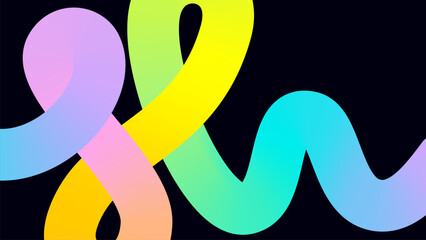 Horizontal abstract river, snake rainbow curve smooth line with neon gradient. Empty web banner with swirled colored ribbon shape with loop on black background. Vector illustration EPS10 1920,1080