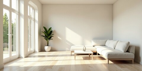 Fototapeta premium Serene Minimalist Living Room with Sunlight Streaming Through Large Windows and a Comfortable Sectional Sofa