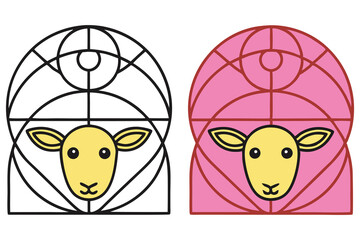 Two Sheep Heads Geometrical Art Line Art and Pink, Isolated on White Background