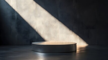 4. A high-tech, metallic podium with a smooth platform and a spotlight casting dramatic shadows in an industrial-style room.
