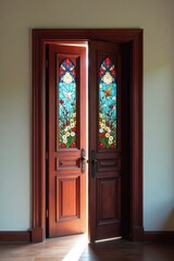 Obraz premium A sunlit mahogany double door with stained glass panels featuring floral motifs and birds, slightly ajar, revealing an inviting interior