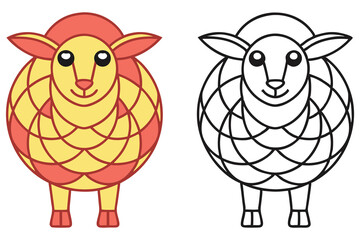 Cheerful Sheep Colorful and Outline Cartoon Sheep, Transparent Background