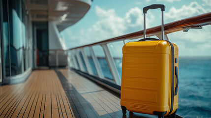 yellow travel suitcase on luxury cruise ship deck, perfect for vacation ads, travel agency promotions, and cruise tourism marketing