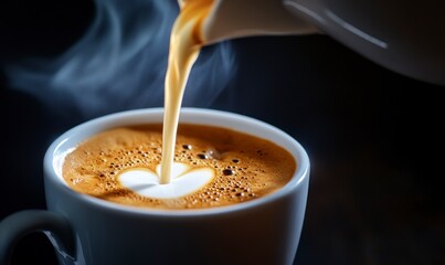 Pouring Fresh Coffee Into Cup Creating Heart Shape in Cream
