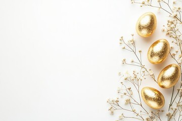 Golden Easter Eggs with Gypsophila Flowers on White Background Overhead View