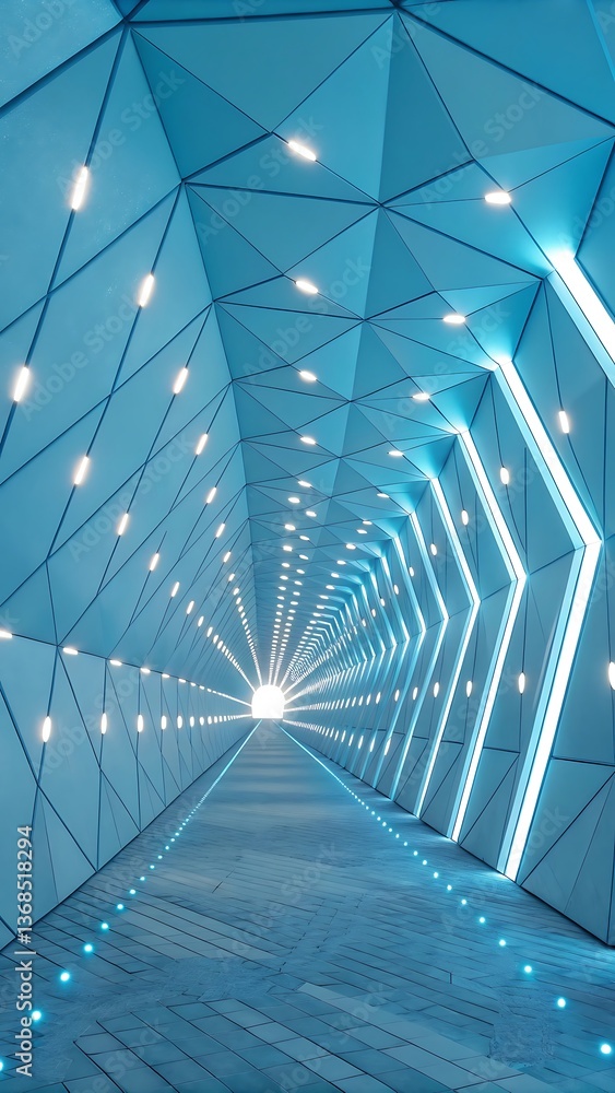 Poster futuristic illuminated tunnel with geometric patterns and perspective, leading to a bright light at 