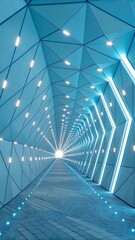 Obraz premium Futuristic Illuminated Tunnel with Geometric Patterns and Perspective, Leading to a Bright Light at the End.