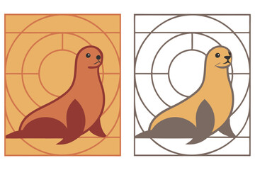 Sea Lion Decorative Set with Circles and Lines on Yellow and Transparent Backgrounds