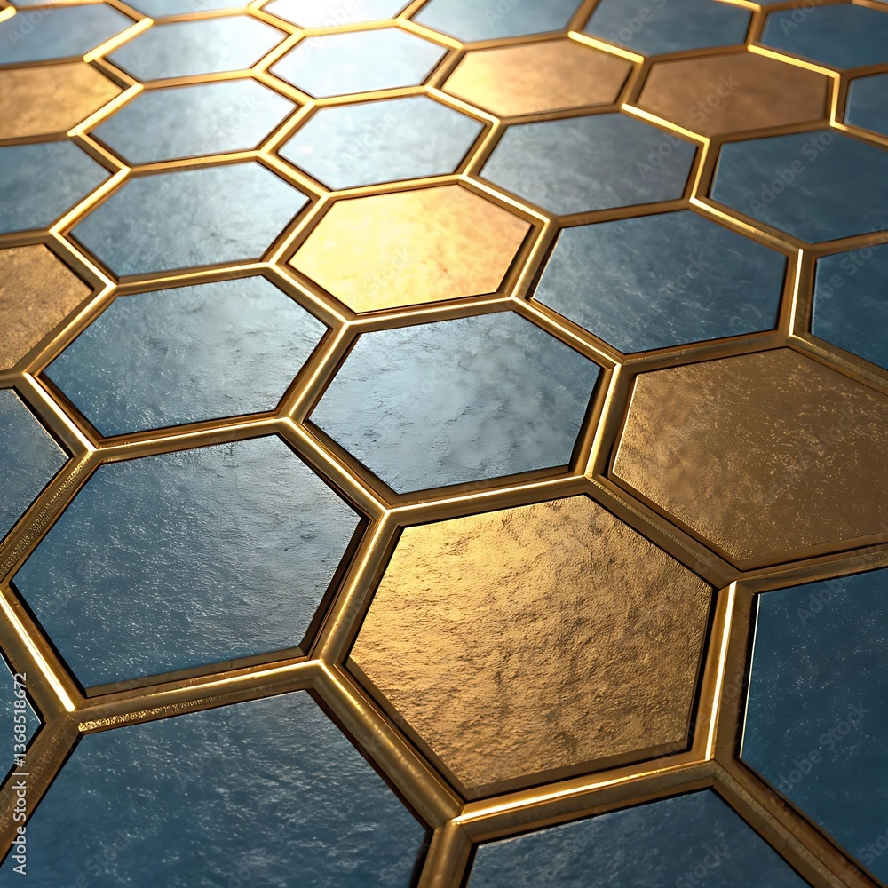 Poster geometric harmony: abstract pattern of interlocking hexagons with golden frames and textured blue pa