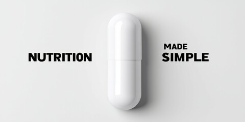 Supplements with nutrition and performance idea. White supplement capsule with "Nutrition Made Simple" text on either side.