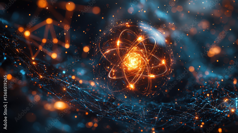 Poster floating qubit rotating in multiple states, surrounded by glowing energy waves and mathematical symb