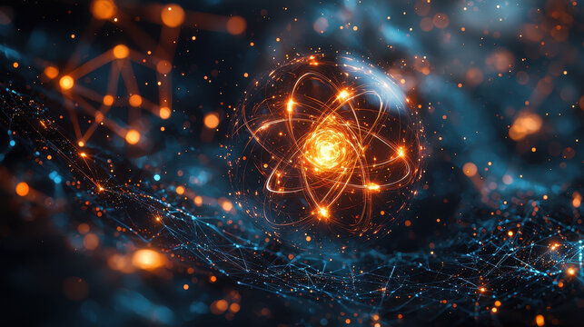 Floating qubit rotating in multiple states, surrounded by glowing energy waves and mathematical symbols
