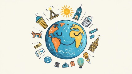 Naklejka premium A cheerful illustration of Earth surrounded by famous landmarks, symbolizing global unity and cultural diversity.