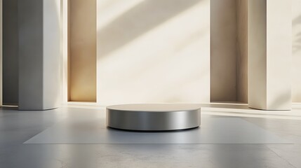18. A smooth, cylindrical podium with a rotating mechanism and a pristine display surface, surrounded by minimalist architecture.