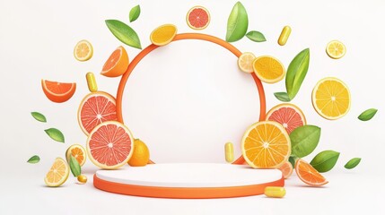 Vibrant display of fresh citrus fruits with leaves on a white background, perfect for summer theme.