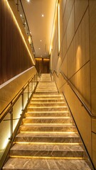 Obraz premium Illuminated Stone Staircase Ascending in Elegant Interior Architecture, Featuring Modern Design and Golden Accents Creates a Warm Atmosphere.
