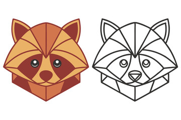 Minimalist Raccoon Head in Color and Outline on White Backdrop Polygon Style