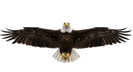 Fototapeta premium Majestic bald eagle soars with outstretched wings showcasing intricate feather details against a bright white background