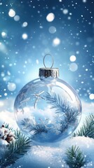 Fototapeta premium A clear Christmas ornament with snowflakes and pine branches on a snowy background