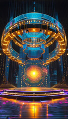 Navaratri product display background podium, Futuristic Garba Arena, glass podium, soft golden lighting, Garba dance floor, glowing light, rangoli pattern, digital fireworks, tradition, ad, podium