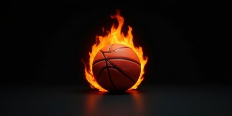 Fototapeta premium Fiery Basketball A symbol of intense competition and unwavering passion, this image depicts a basketball engulfed in vibrant flames against a dark background.