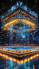 Navaratri product display background podium, Futuristic Garba Arena, glass podium, soft golden lighting, Garba dance floor, glowing light, rangoli pattern, digital fireworks, tradition, ad, podium