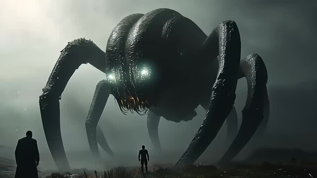 Colossal Arachnid Encounter: A Digital Painting of Men Facing a Giant Spider