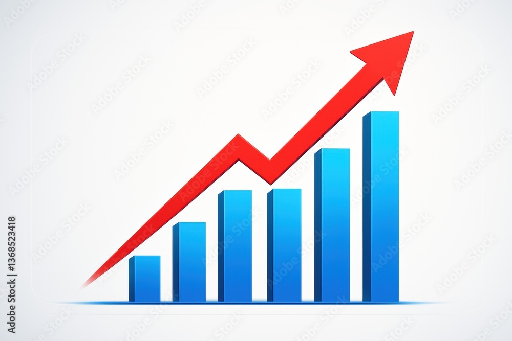 Poster rising bar: a dynamic image of a bar graph with a red arrow. it conveys the concept of growth and pr