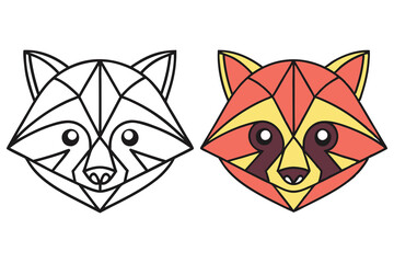 Geometric Raccoon Heads Line Art & Colored Version, Flat Design with Transparent Background