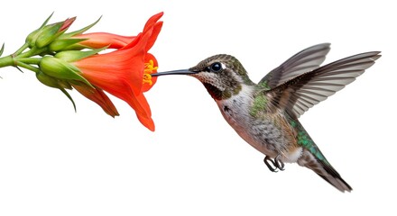Fototapeta premium Hummingbird hovers mid-air to drink nectar from a vibrant red flower with its wings spread in a white background.