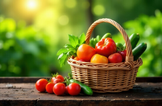 wicker basket filled with fresh vegetables and berries, ripe tomatoes, cucumbers - Powered by Adobe