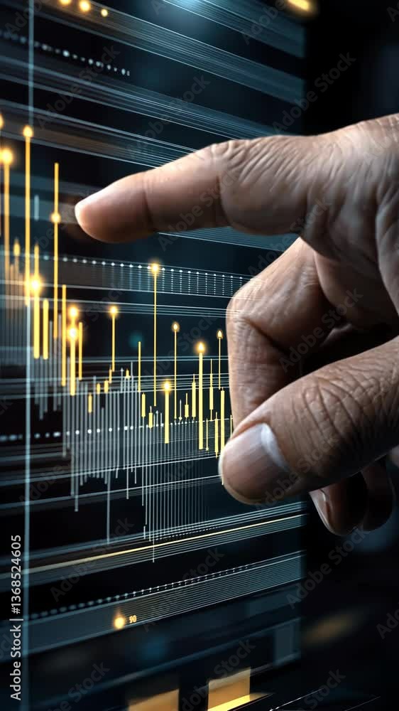 Poster analyzing financial data with advanced technology in a modern environment at a digital analytics wor
