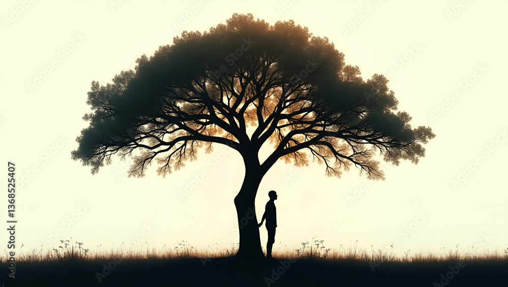 Poster silhouette of a person and a tree canopy symbolizing forest preservation and harmony in double expos
