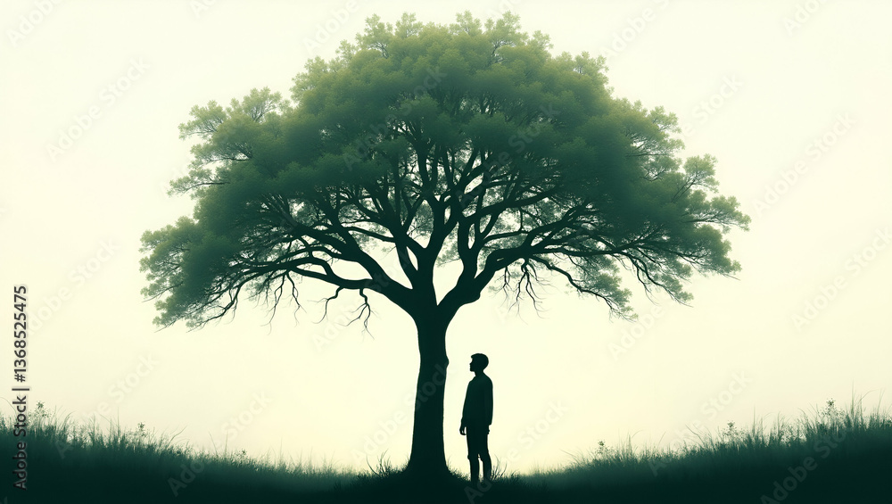 Poster silhouette of a person and a tree canopy symbolizing forest preservation and harmony in double expos