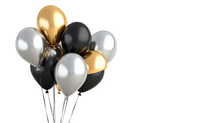 Colorful balloons in black, silver, and gold for celebration