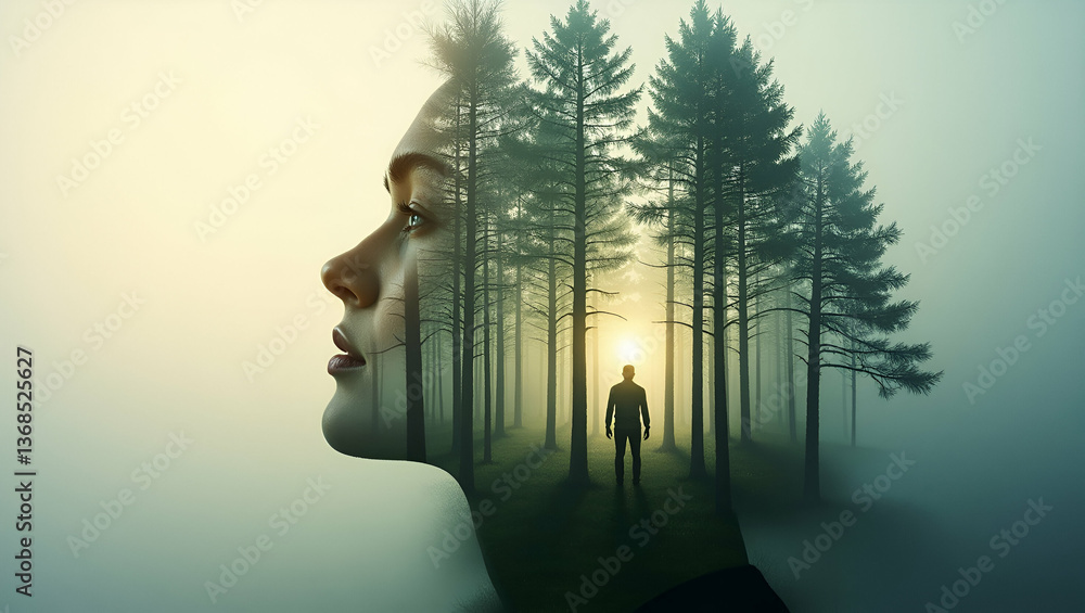Poster person and a forest symbolizing forest preservation and harmony in double exposure with copy space. 