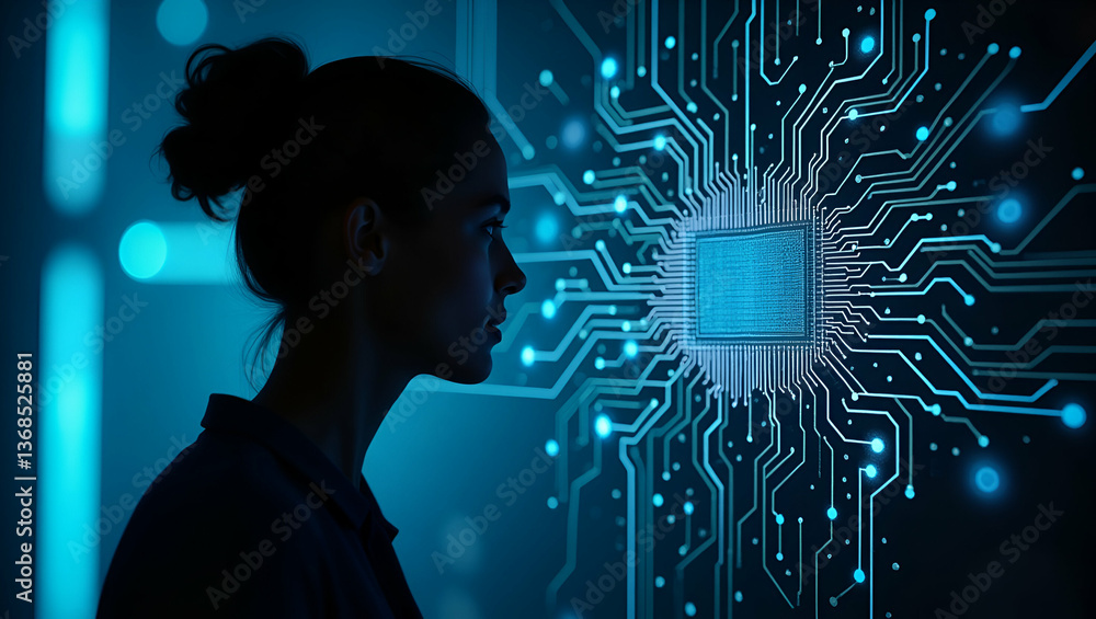 Poster silhouette of a person merged with circuit board: a double exposure concept showcasing human intelli
