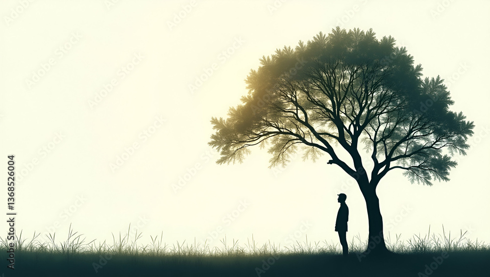 Poster 3d flat icon: silhouette of a person and tree canopy for forest preservation - double exposure desig