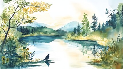 Autumn Lake Scene with Bird