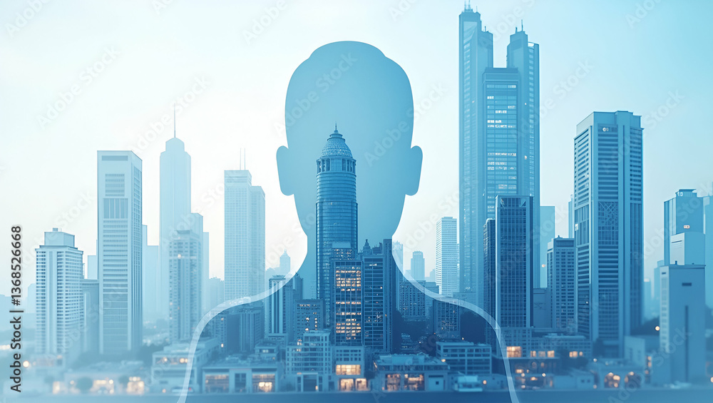 Poster 3d flat icon as person and a blueprint of a skyscraper symbolizing urban development in double expos