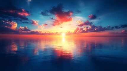 Obraz premium A beautiful sunset reflects its colors across a calm ocean