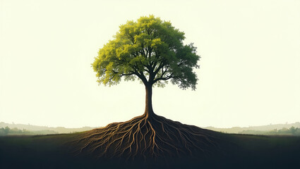 Double Exposure of a Person and Tree Roots: Symbolizing Humanity's Deep Connection to Earth - Perfect for Photo Stock with Copy Space