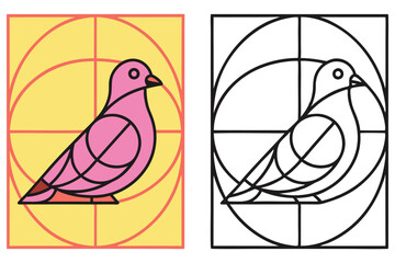 Golden Ratio Pigeon Illustration, Pink Bird on Yellow, Fibonacci Sequence Style