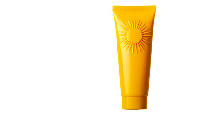 Bright yellow sunscreen tube with sun emblem on transparent background