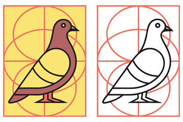 Pigeon Bird Icon with Golden Ratio on Yellow Background and Outline on White