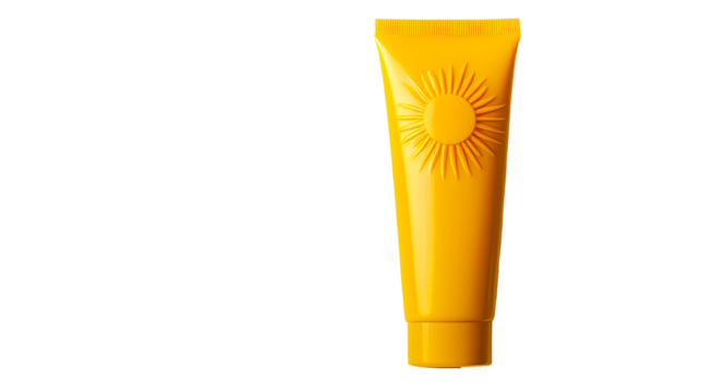 Bright yellow sunscreen tube with sun emblem on transparent background